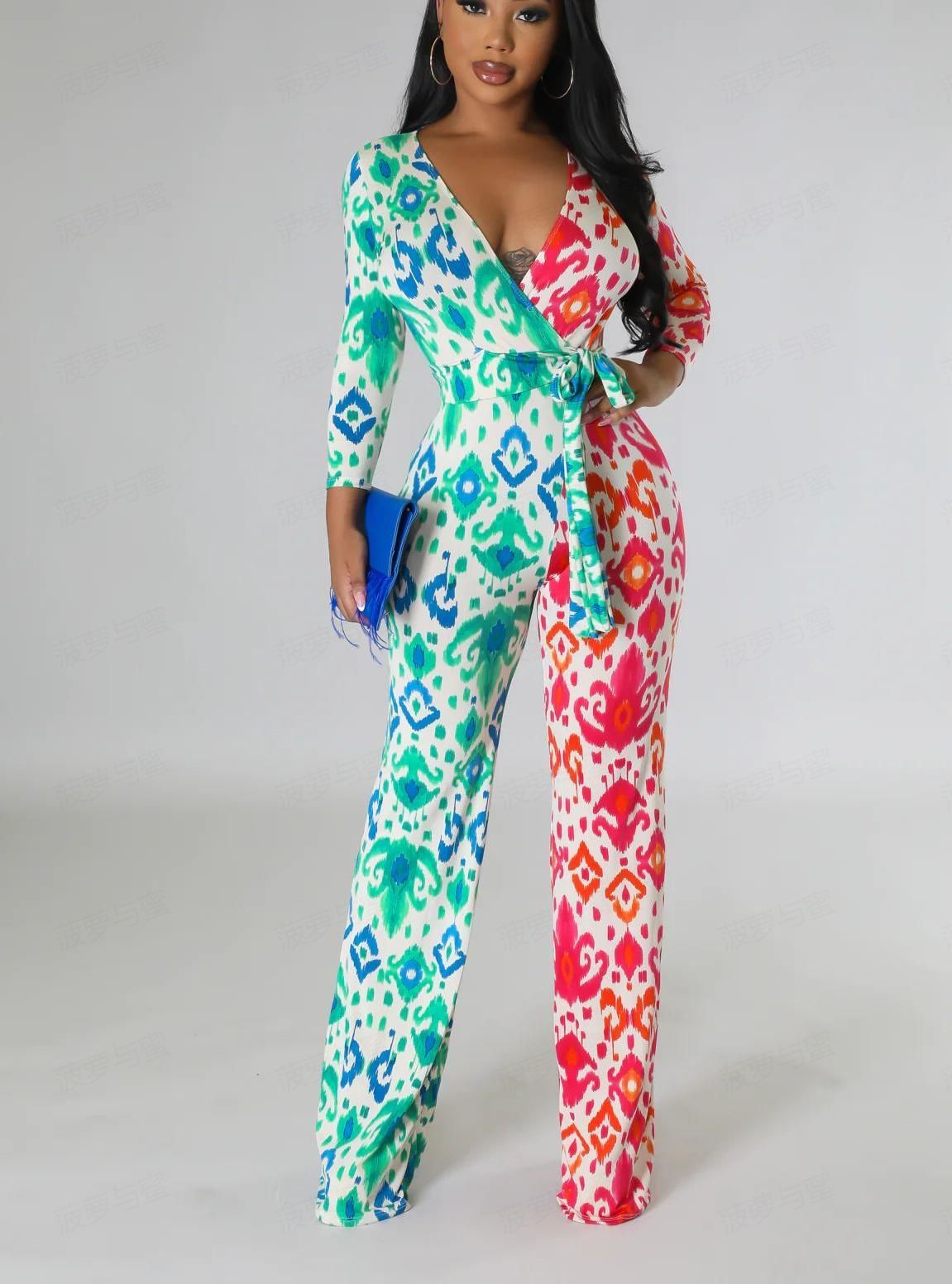 Casual Printed Color-Blocking Jumpsuit for Women