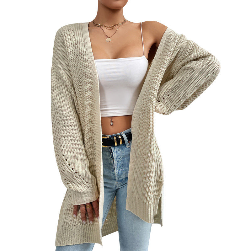 Solid Color Loose Medium Length Knitted Cardigan Sweater Jacket