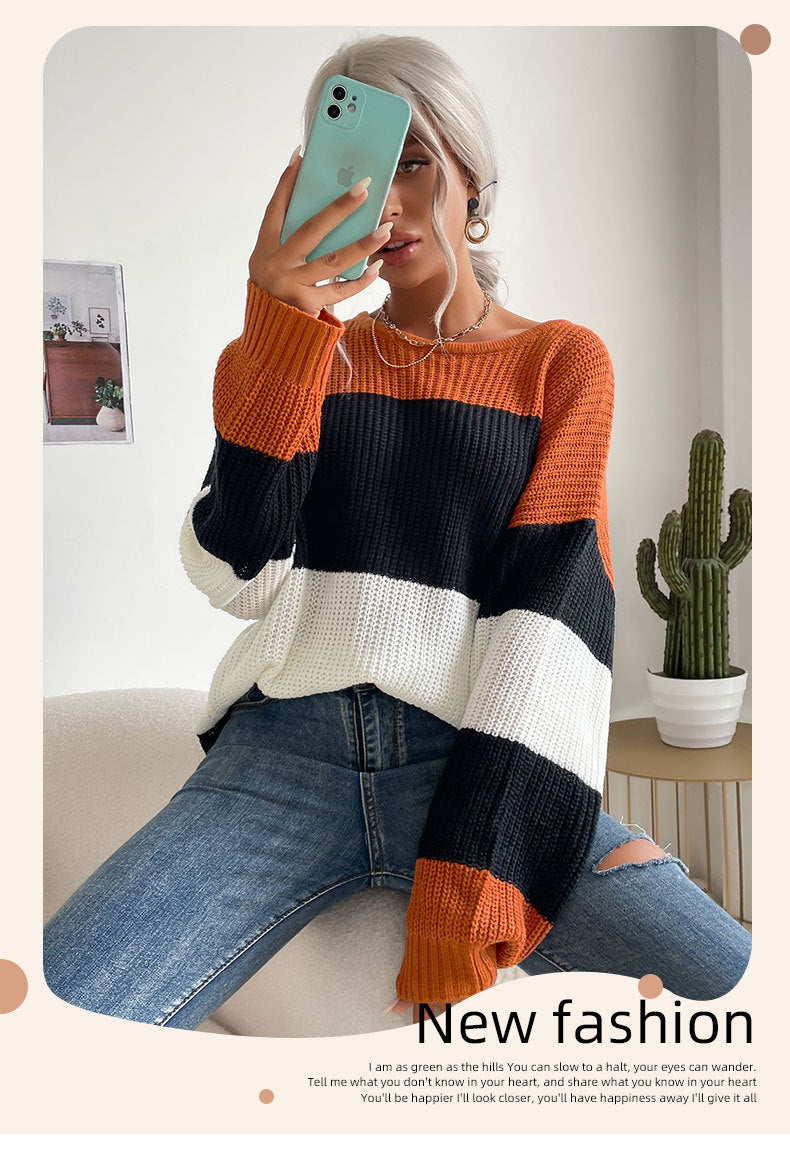 womens clothing striped contrast color knitwear round neck loose sweater