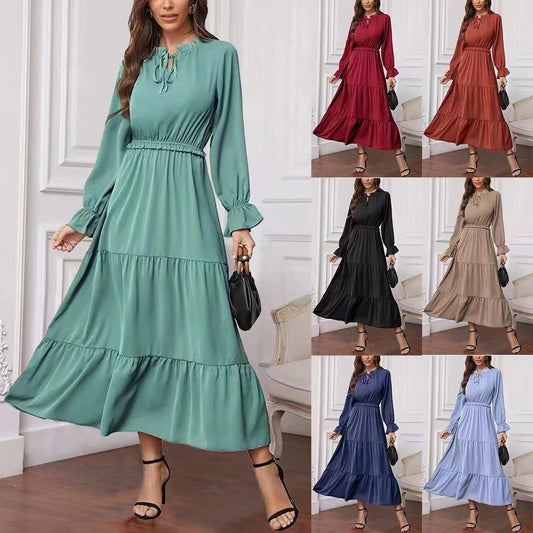 Summer Solid Color Long Sleeve European And American Style Women Dress Ladies