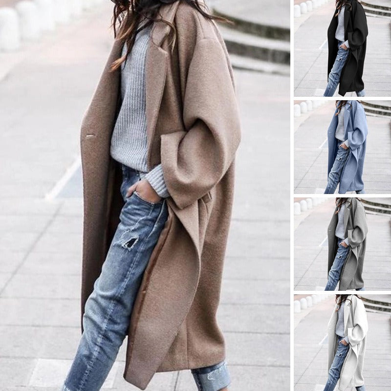 Women's casual long solid color warm woolen jacket