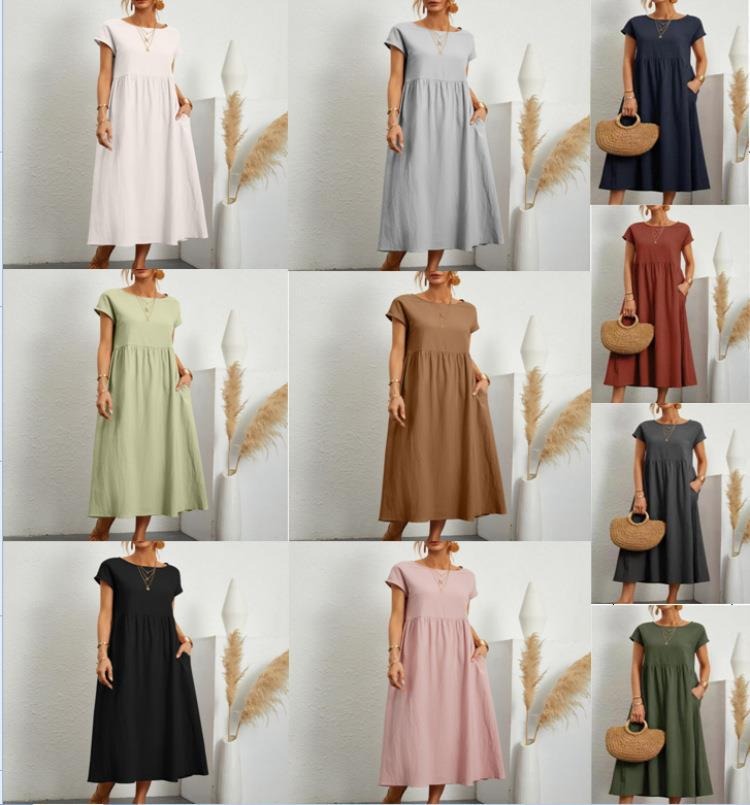 Women Solid color sleeveless loose pocket cotton linen dress