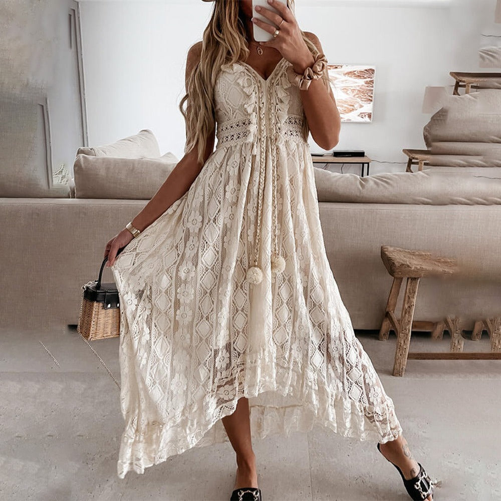 V-neck white lace irregular long dress for women