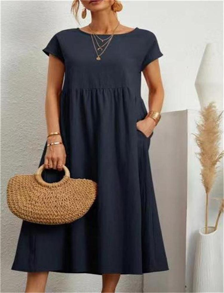 Women Solid color sleeveless loose pocket cotton linen dress