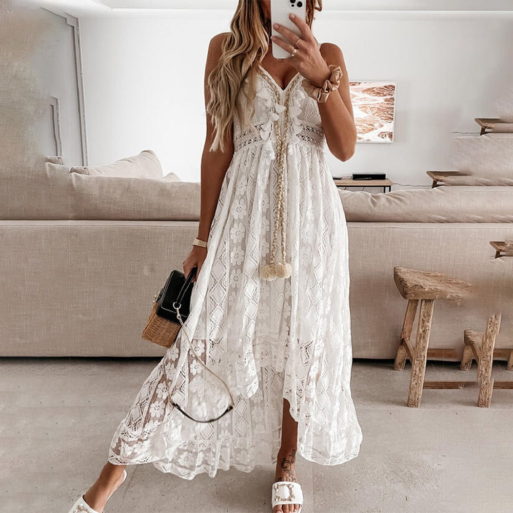 V-neck white lace irregular long dress for women