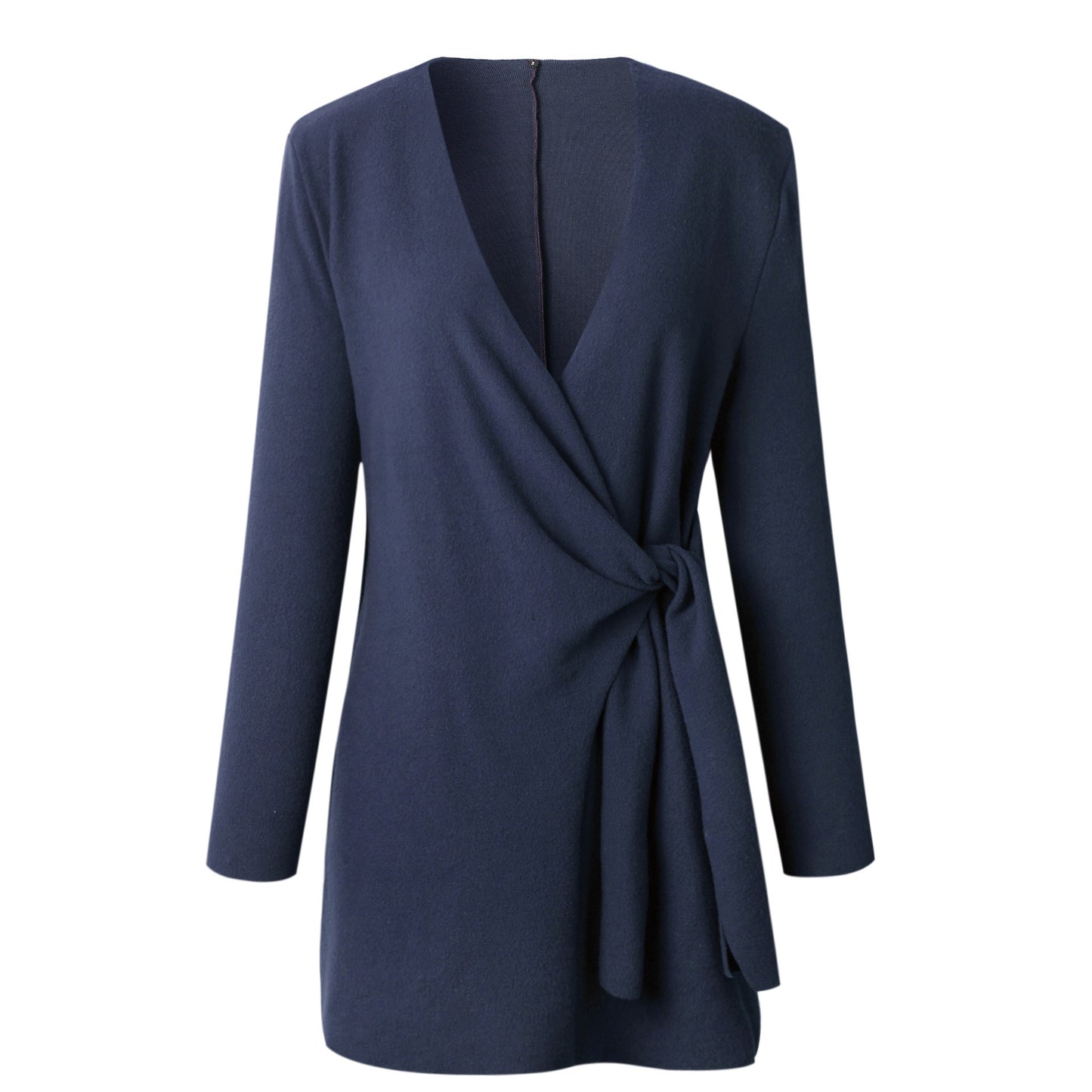 New Women's Solid Color Woolen V-Neck Belt Mid length Casual Small Coat
