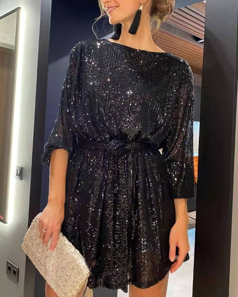 Fashionable sequin sequin color waistband dress