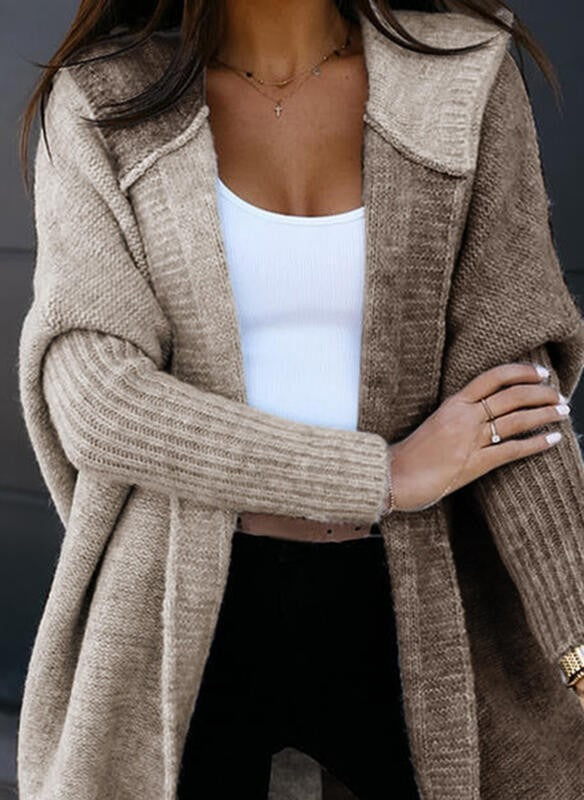 Autumn/Winter Loose Color Block Knitted Cardigan Medium Long Solid Color Medium Long Hooded Sweater Coat