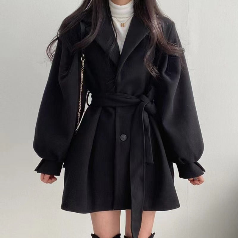 woolen coat for women's autumn and winter lace up woolen coat