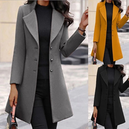 Autumn/Winter Mid length Korean Edition Flip Collar Slim Solid Color Slim Fit Women's Woolen Coat Coat