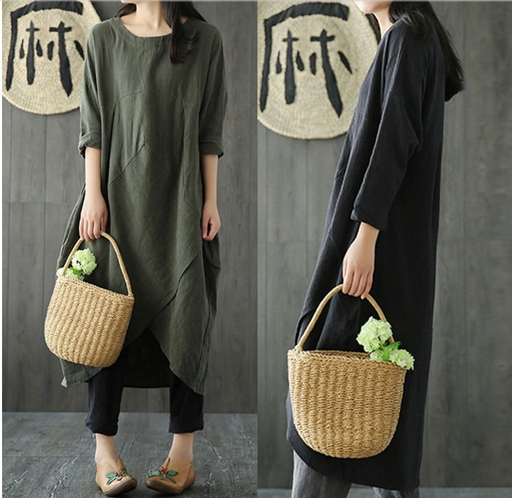 Borrowing shoulder sleeves cotton linen loose fitting dress