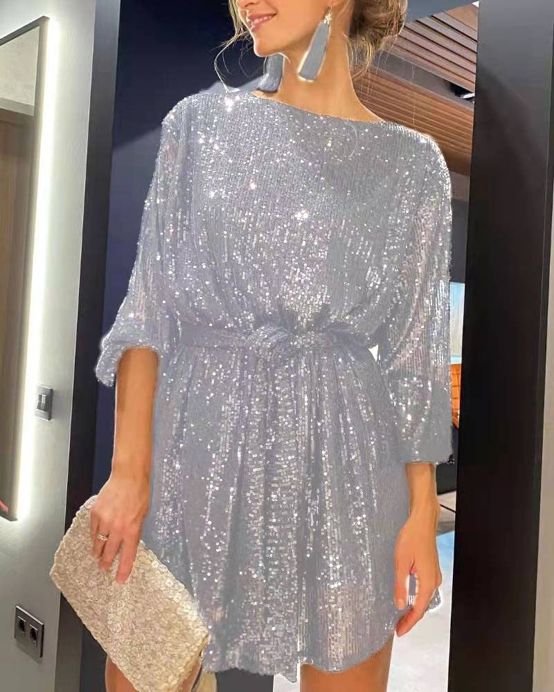 Fashionable sequin sequin color waistband dress