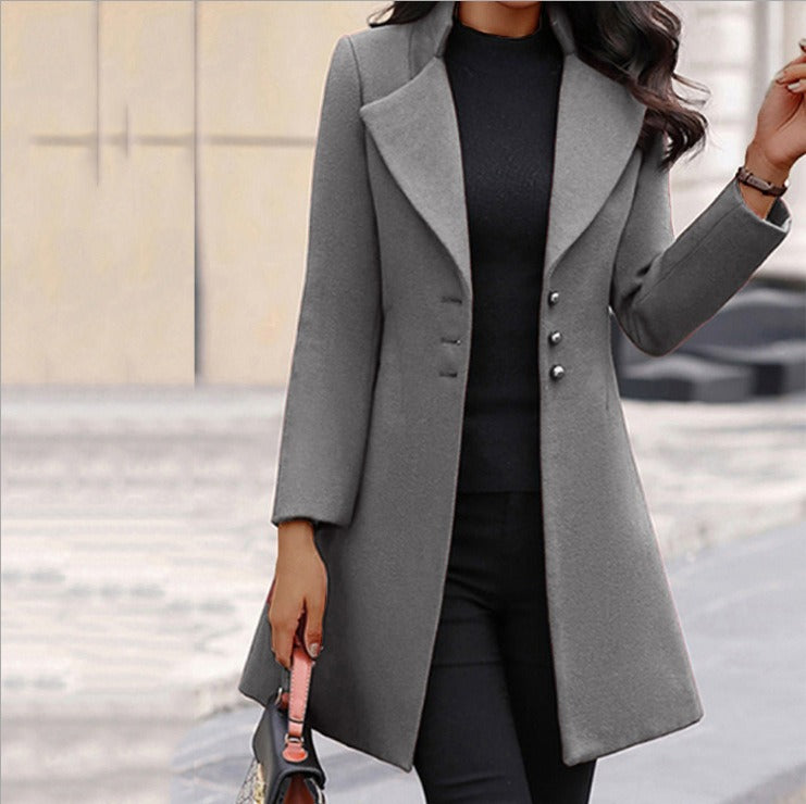 Autumn/Winter Mid length Korean Edition Flip Collar Slim Solid Color Slim Fit Women's Woolen Coat Coat