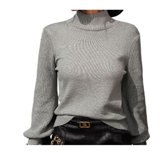 Pullover women's knitted sweater with high collar and studded beads