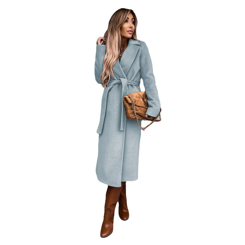 women's solid color lapel long sleeved woolen jacket with simple strap windbreaker