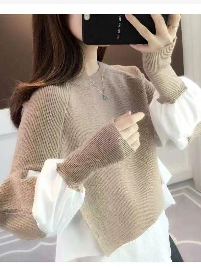Shirt patchwork pullover sweater for women's autumn and winter vacation two-piece loose knit top, stylish lantern sleeves, versatile sweater