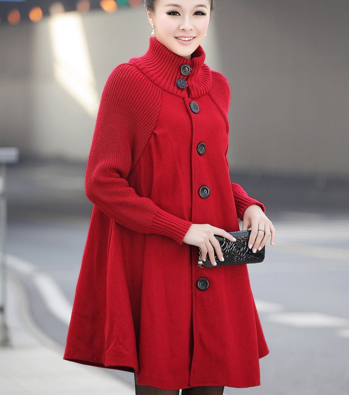 women's mid length loose fitting woolen coat cape woolen windbreaker coat