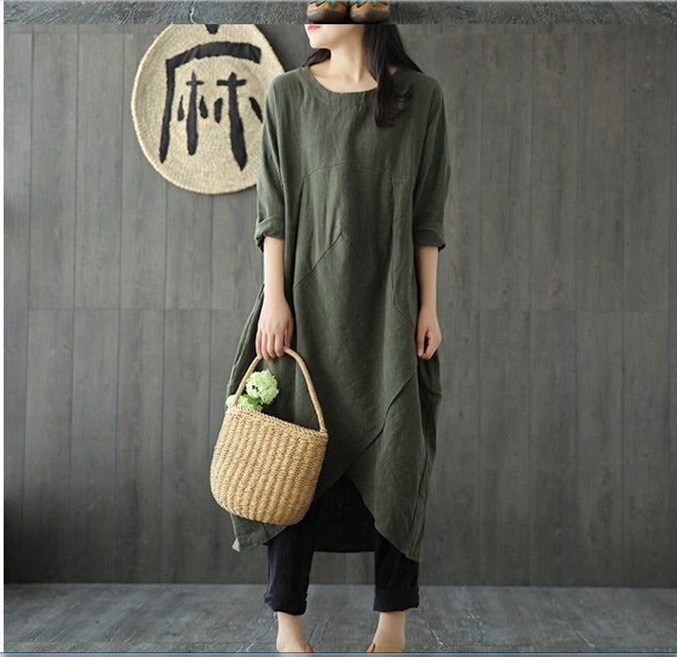 Borrowing shoulder sleeves cotton linen loose fitting dress