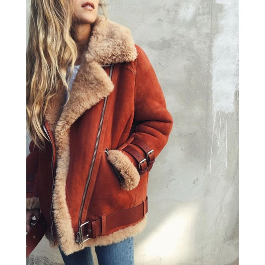 Hot selling locomotive deer skin cashmere lamb fur coat women's lapel collar fur cotton coat