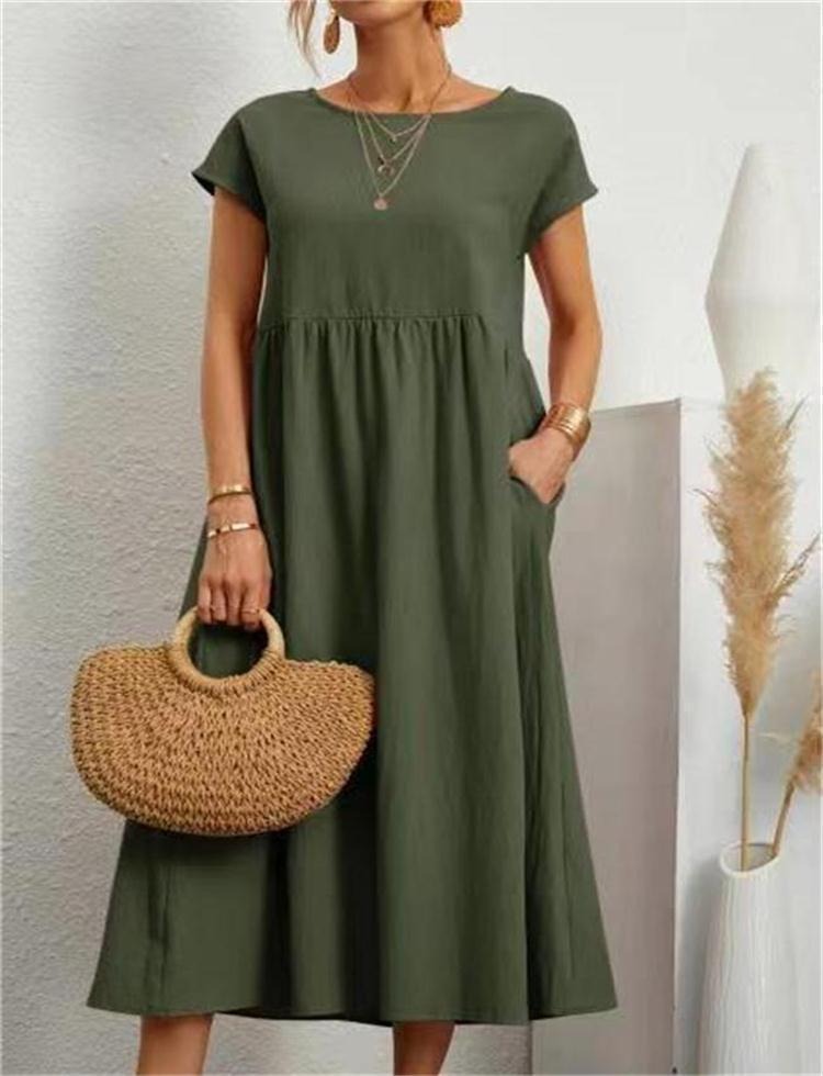 Women Solid color sleeveless loose pocket cotton linen dress