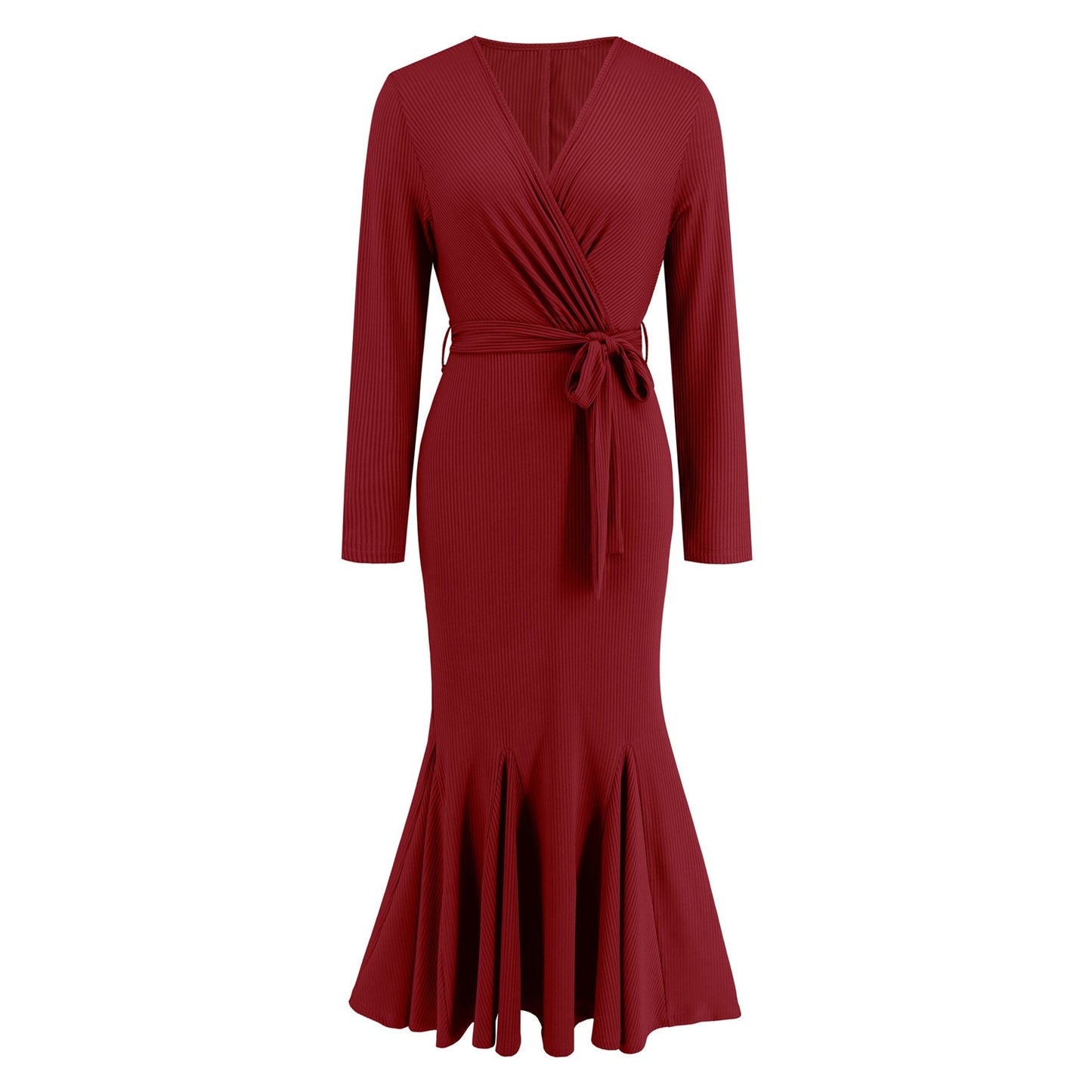 Women's V-neck long sleeved slim fit temperament fishtail skirt knitted long dress