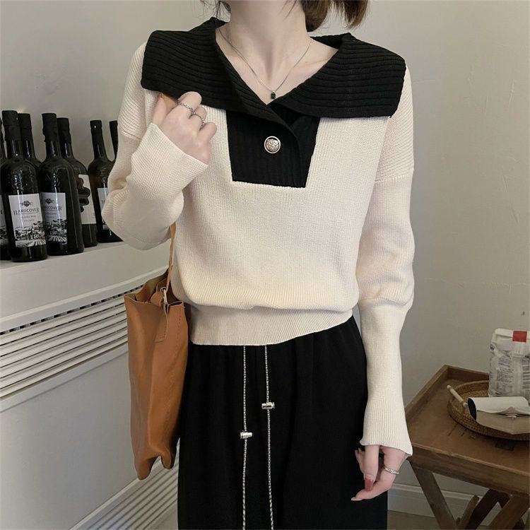 French Contrast Color Lapel Knitted Long Sleeve Sweater