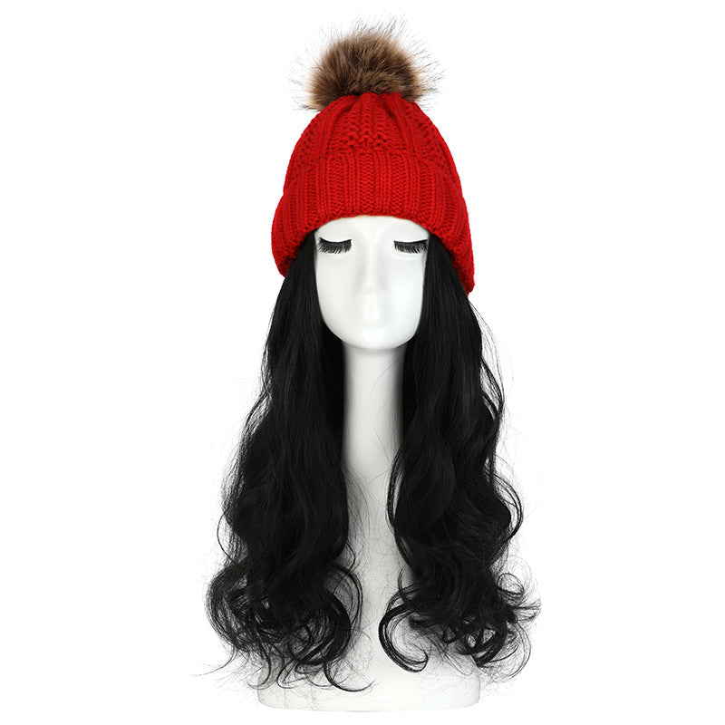 Women's Hat Wig Detachable Woolen Cap