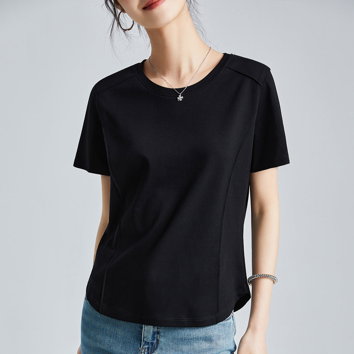 Mercerized Cotton Round Neck Shoulder T-Shirt