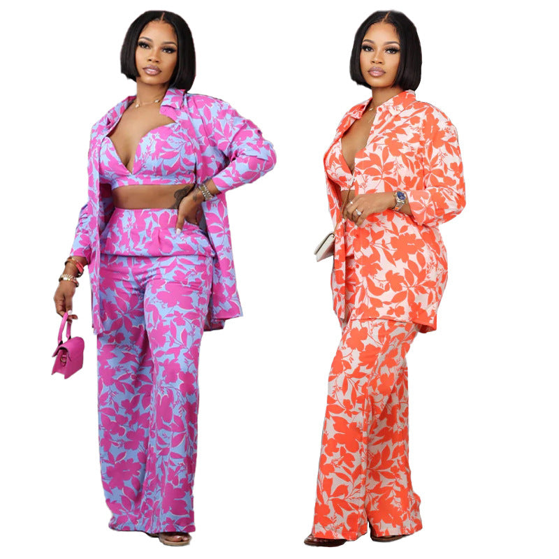 Three-Piece Printed Suit Set for Women, featuring Trousers