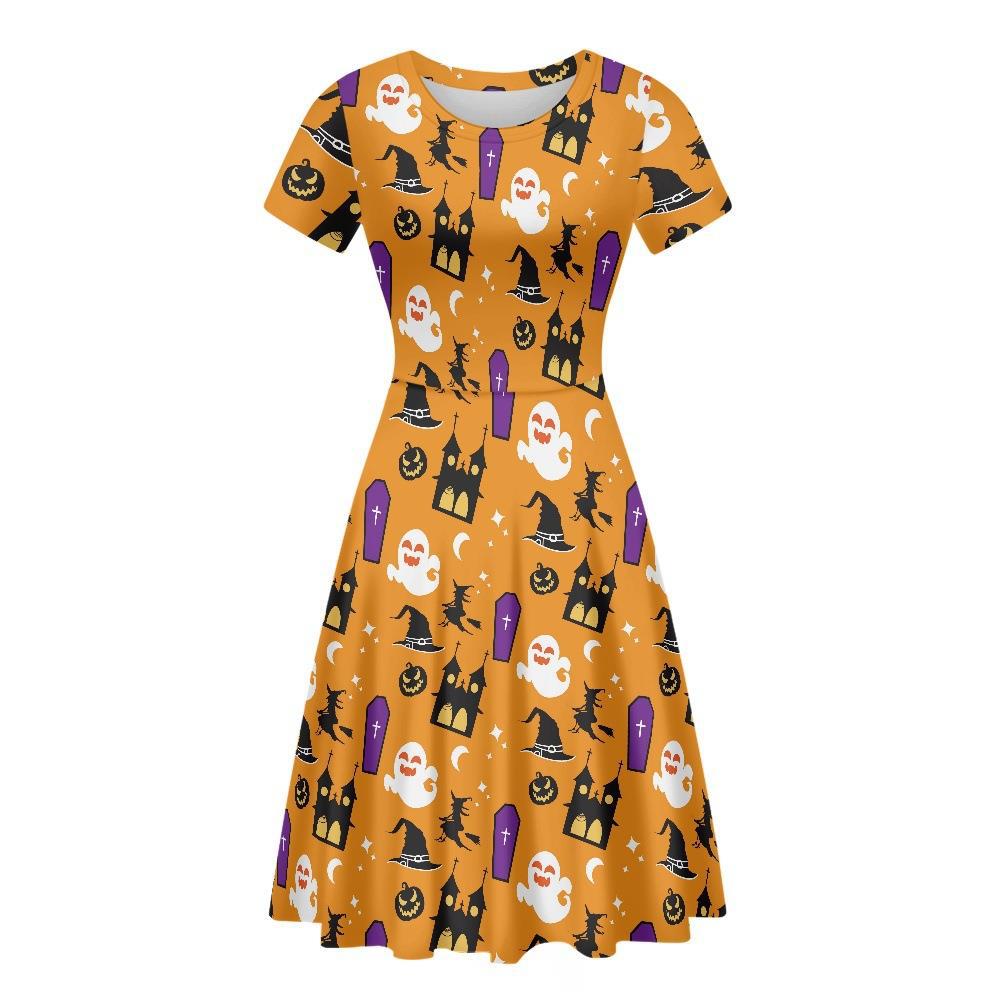 Halloween Dress with Spider, Grimace, and Pumpkin Print for Women