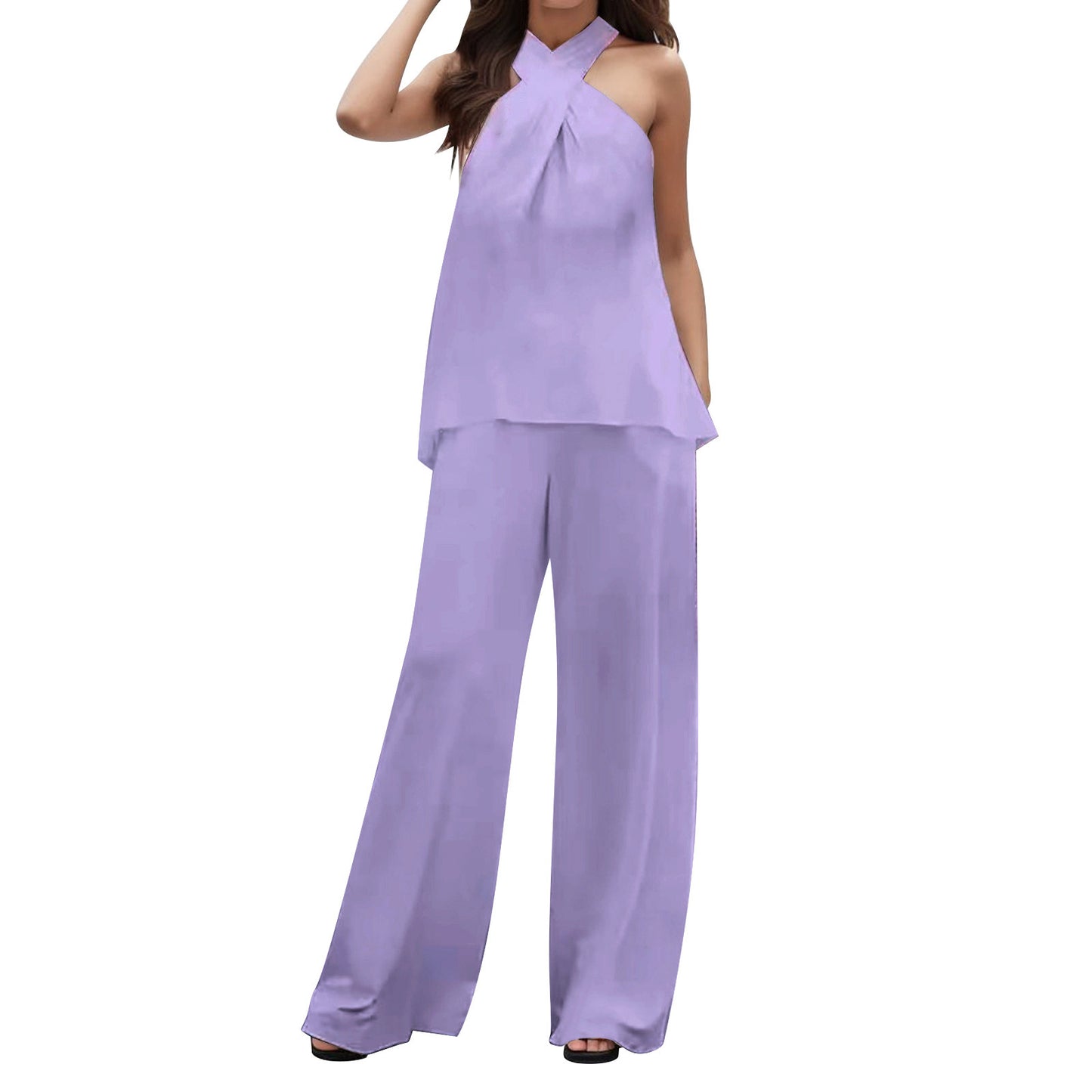 Solid Color Sleeveless Halter Top with V-neck and Elastic Waist Wide Leg Pants