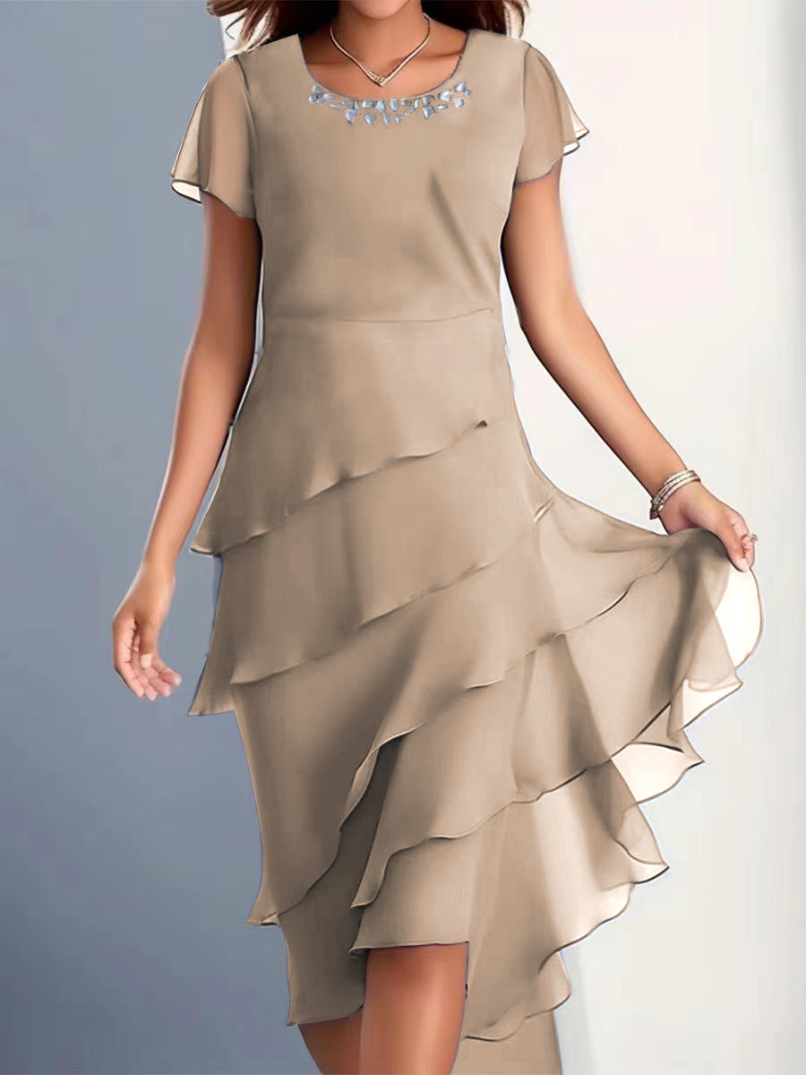 Round Neck Chiffon Patchwork Short Sleeve Dress for Women