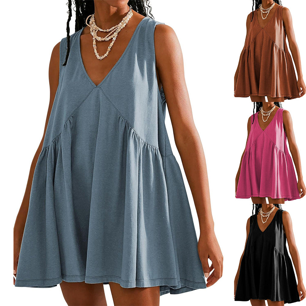 V-neck Dress with Pleated Pockets for Women