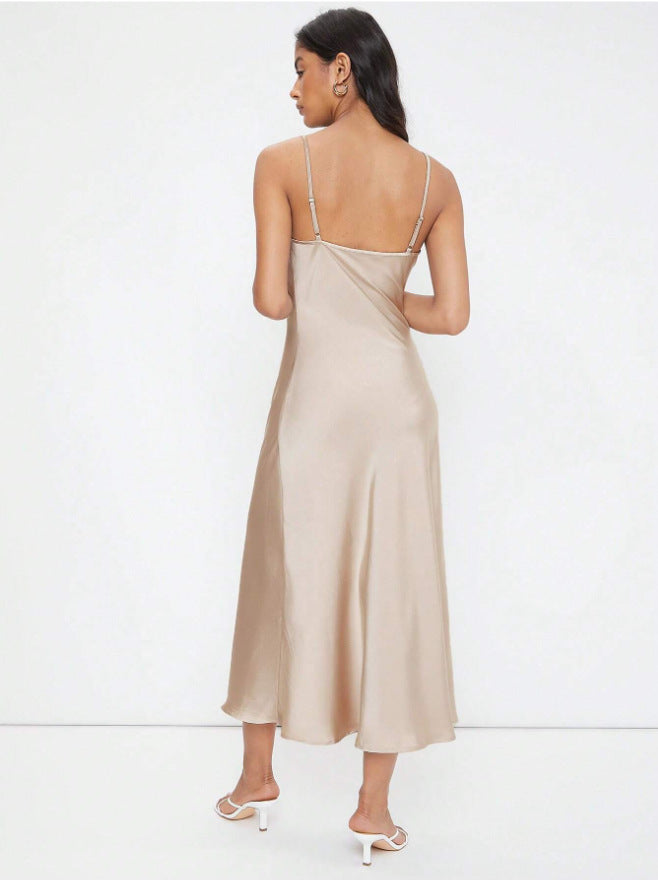 Slim Fit Satin Sling Deep V-neck Solid Color Fashion Dress