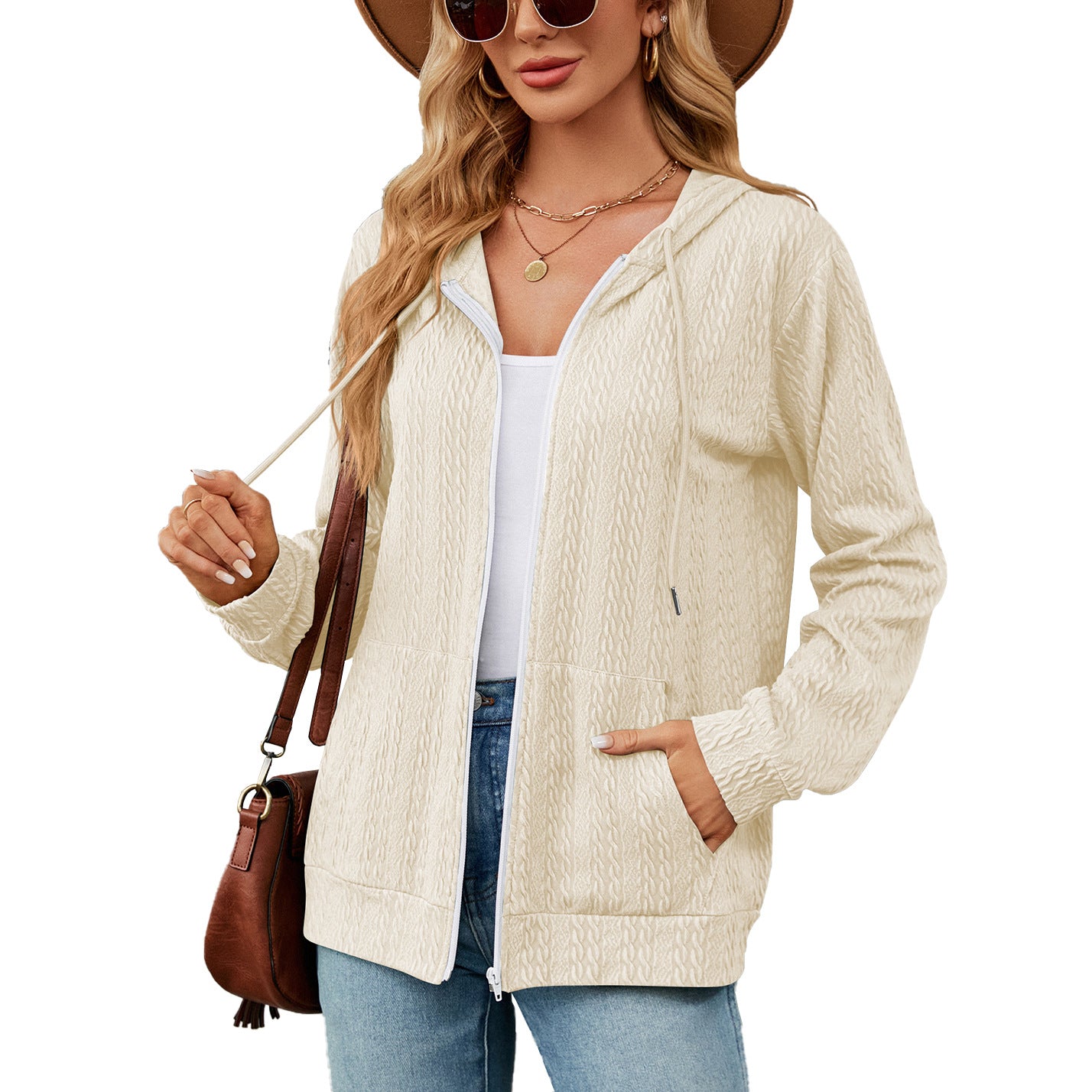 Loose Long Sleeve Hooded Zip Cardigan Pocket Sweatshirt Women