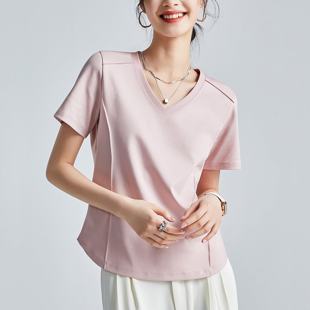 Mercerized Cotton Round Neck Shoulder T-Shirt