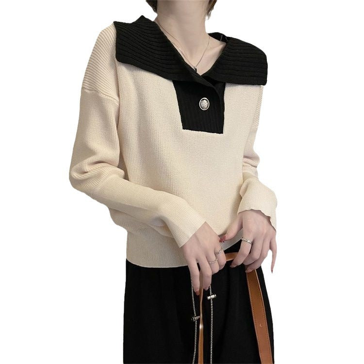 French Contrast Color Lapel Knitted Long Sleeve Sweater