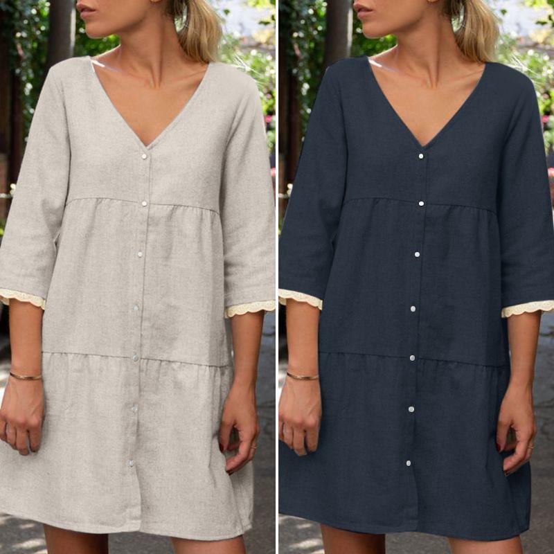 Button-Up Solid Color Casual Dress with Stand Collar