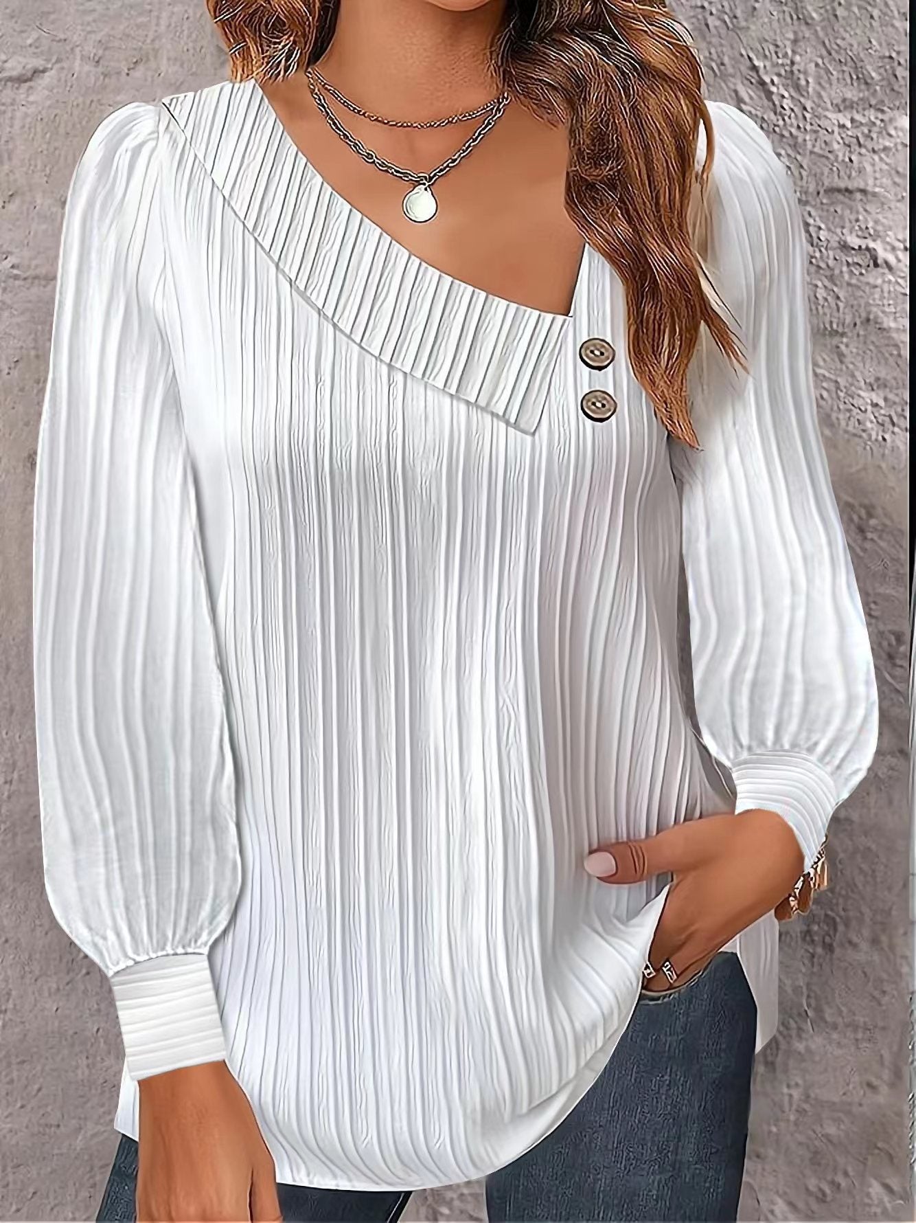 V-neck Buttons Solid Color Long Sleeve Shirt Women