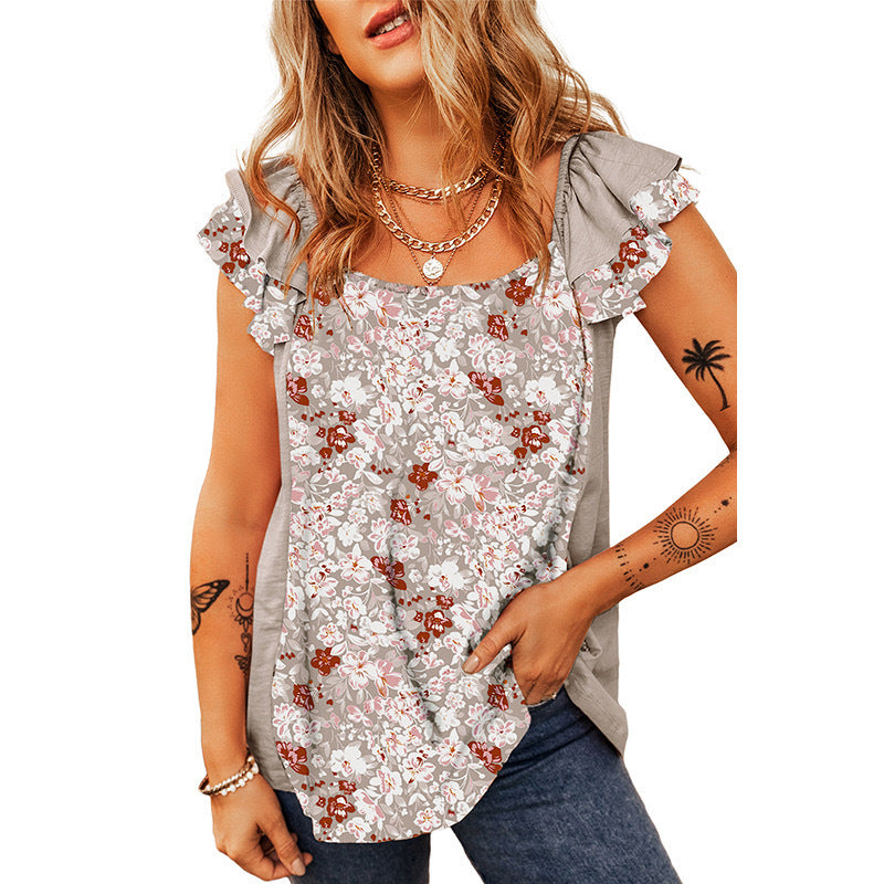 Fashion Floral Sleeveless Top with Square Collar and Flounce Detail