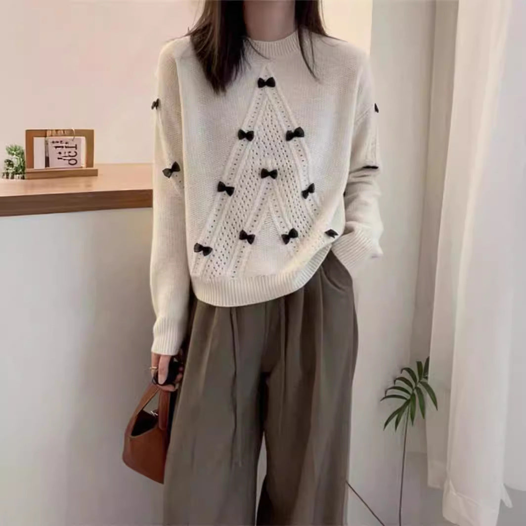 Round Neck Long Sleeve Sweater with Hollow Bow Detail – Three-Dimensional, Anti-Aging Fashion