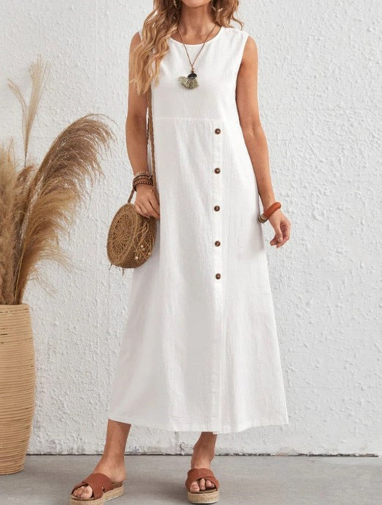 Round Neck Sleeveless Slit White Cotton Linen Dress with Fastener Decoration
