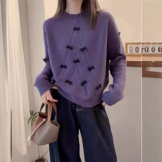 Round Neck Long Sleeve Sweater with Hollow Bow Detail – Three-Dimensional, Anti-Aging Fashion