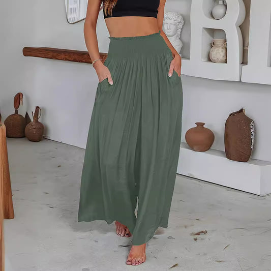 Summer Casual Smocked Mid-Waist Women's Trousers