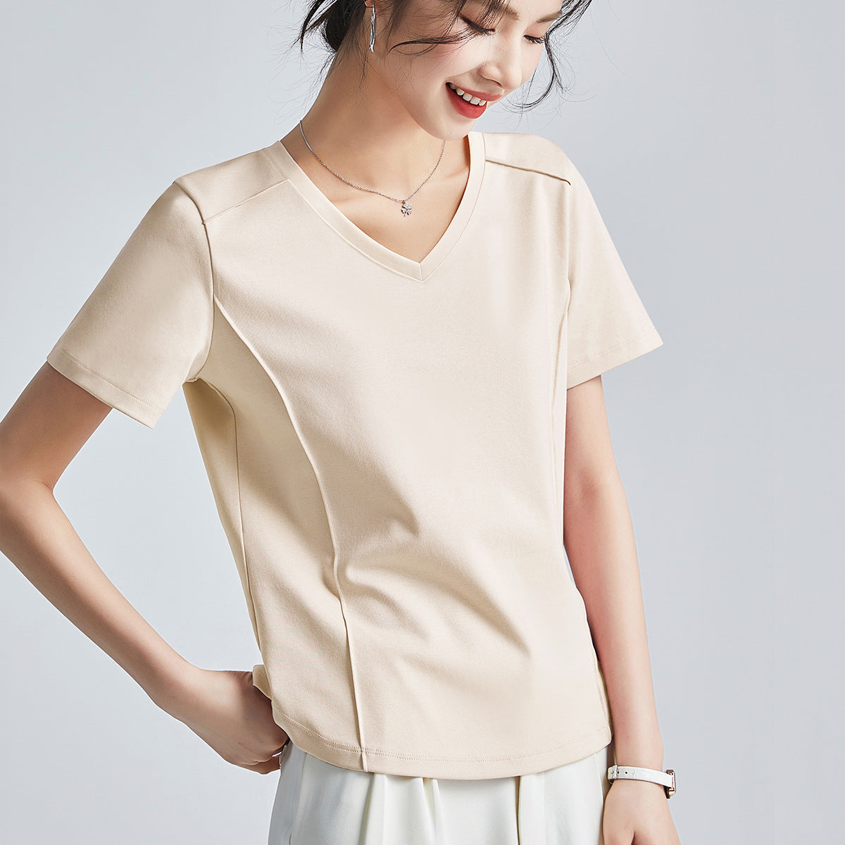 Mercerized Cotton Round Neck Shoulder T-Shirt