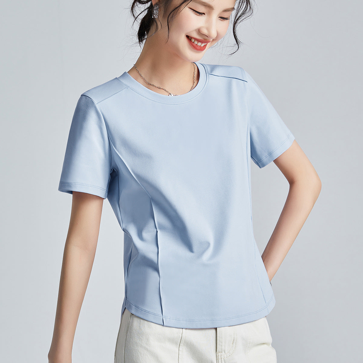 Mercerized Cotton Round Neck Shoulder T-Shirt