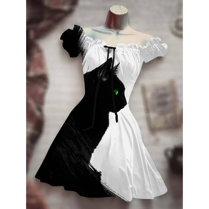 Halloween Drawstring Puff Sleeve High Waist Dress