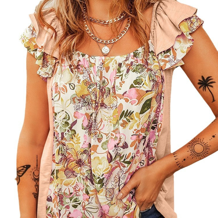 Fashion Floral Sleeveless Top with Square Collar and Flounce Detail