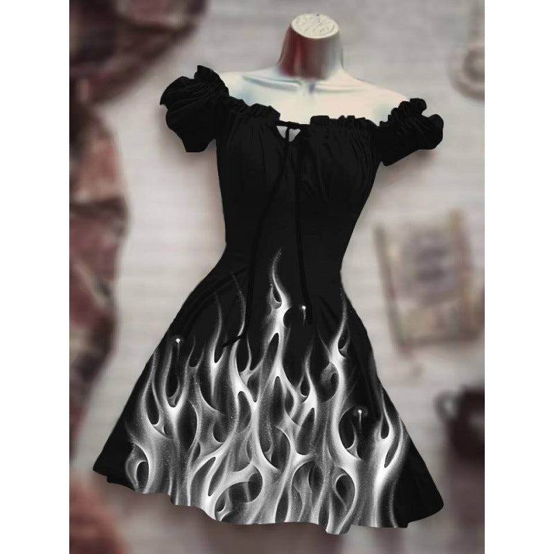 Halloween Drawstring Puff Sleeve High Waist Dress