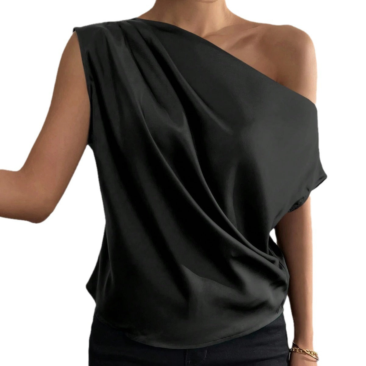 Asymmetric Vest with Diagonal Collar and Pinch Pleated Design for Women